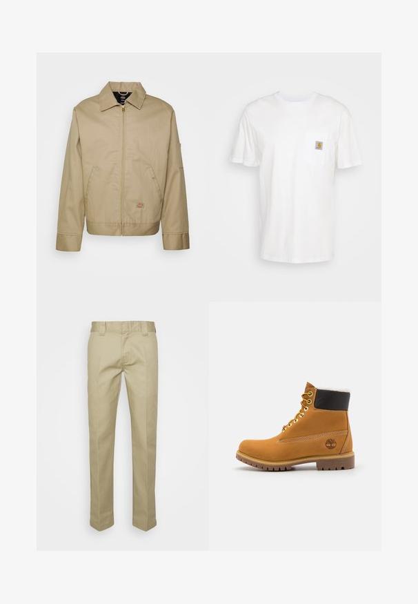 Chaqueta de algodón beige con cierre de cremallera, cuello con puntas, bolsillos laterales y parche de logo. Presenta una silueta estructurada y un dobladillo definido.; Camiseta de algodón blanca con mangas cortas, un bolsillo en el pecho y un pequeño parche cuadrado de logo en naranja y blanco en el bolsillo.; Pantalones beiges hechos de una tela suave, con un diseño de pierna recta, trabillas para cinturón y detalles de pliegue frontal para un aspecto a medida.; Botín de cuero marrón con ojales de metal, forro de piel sintética blanca, cuello acolchado negro, suela resistente y logotipo en relieve en el costado.
