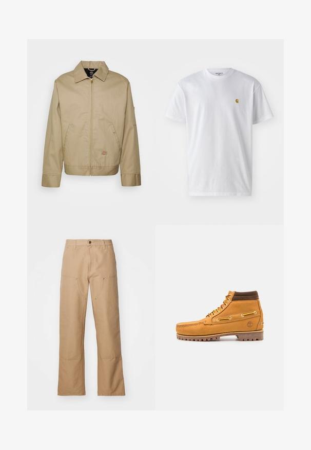 Chaqueta de algodón beige con cierre de cremallera, cuello con puntas, bolsillos laterales y parche de logo. Presenta una silueta estructurada y un dobladillo definido.; Camiseta de algodón blanca con mangas cortas, cuello redondo, que presenta un pequeño logo dorado en la parte izquierda del pecho. Textura suave y corte regular.; Pantalones de pierna ancha beige hechos de lona, con bolsillos frontales, detalles en dorado y un diseño de frente plano.; Timberland AUTHENTIC MID LACE BOOT - Botines con cordones - wheat
