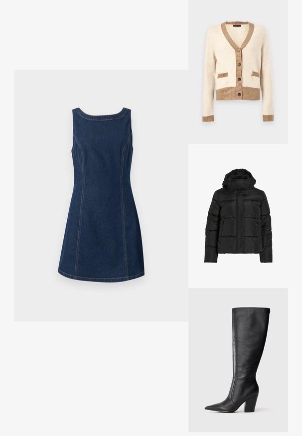 Sort dunjakke med høj krave, vandret quiltet mønster og lynlås foran. Har lommer og en let cropped pasform.; Cremefarvet cardigan med brun ribkant på krave, manchetter, kant og lommespidser, med fire brune knapper foran.; Ærmeløs mørkeblå denimkjole med bred halsudskæring og synlige lodrette sømme på forsiden og siderne.; Sort læderknehøj støvle med spids tå og kraftig høj hæl, vist i venstre sideprofil på hvid baggrund.