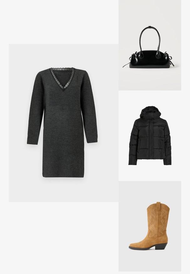 Veste matelassée noire avec col montant, motif matelassé horizontal et fermeture éclair frontale. Comprend des poches et un design légèrement raccourci.; Robe tricotée à manches longues gris foncé avec un décolleté en V, ornée d'une délicate bordure en dentelle le long du col.; Botte de cowboy en daim beige avec un bout pointu, une couture décorative en motif tourbillonnant, un talon moyen et une languette pour faciliter l'enfilage.; Petit sac à main noir brillant avec deux longues anses et des détails à cordon sur les côtés sur un fond clair uni.
