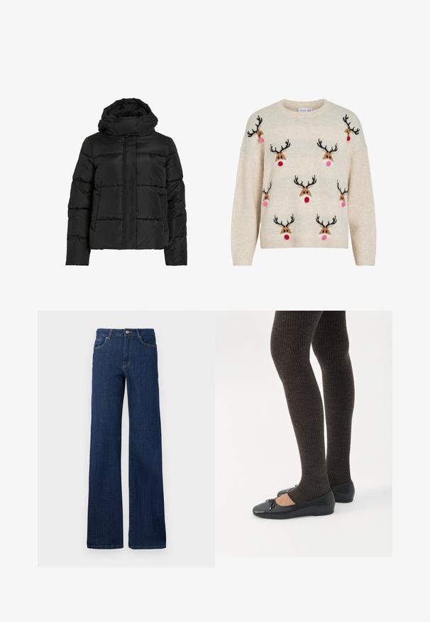 Sort dunjakke med høj krave, vandret quiltet mønster og lynlås foran. Har lommer og en let cropped pasform.; Kremfarvet sweater med blød tekstur, rund halsudskæring og rensdyrmotiver med sorte gevirer, lyserøde pomponer og røde næser.; Mørkeblå denim jeans med lige pasform, fem lommer, knap- og lynlåslukning samt minimale stikninger. Glat tekstur.; Ben iført mørke ribbede leggings kombineret med sorte balletsko med små sløjfedetaljer på hvid baggrund.