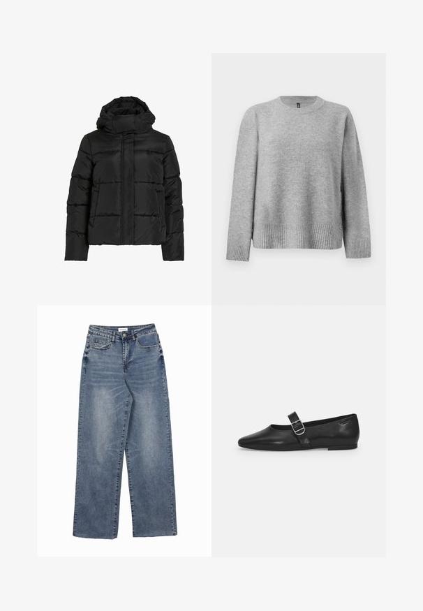 Schwarze Steppjacke mit hohem Kragen, horizontaler Steppmusterung und vorderem Reißverschluss. Mit Taschen und leicht verkürztem Schnitt.; Grauer gestrickter Pullover mit Rundhalsausschnitt, geripptem Saum und seitlichen Knöpfen als Detail. Weiche Textur und lockere Passform.; Blaue Jeans im weiten Schnitt mit Gesäß- und Münztaschen, Knopfverschluss und Details im verwaschenen Look.; Schwarzer Lederflatschuh mit runder Zehenform, einem verstellbaren Schnallenriemen und einer glatten, glänzenden Oberfläche. Minimalistisches Design mit einem niedrigen Absatz.