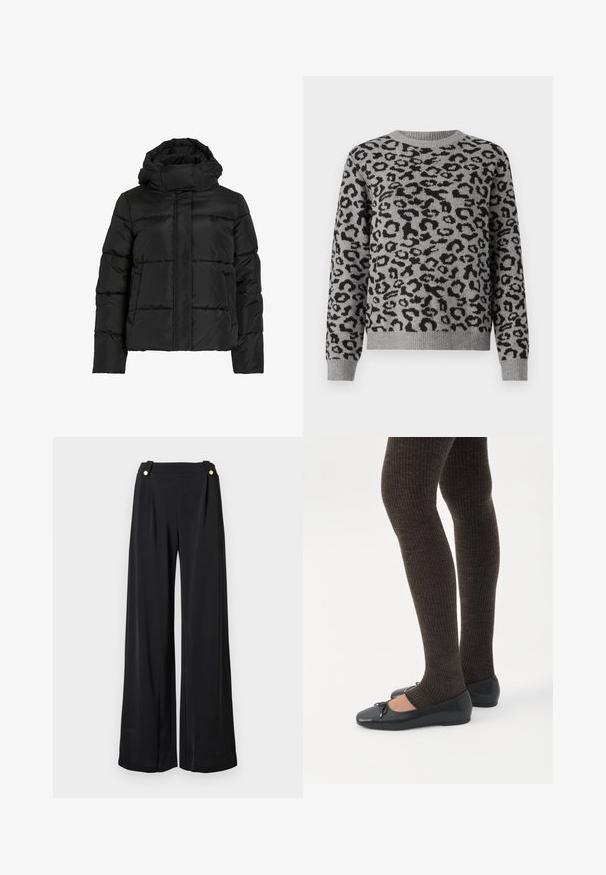 Sort dunjakke med høj krave, vandret quiltet mønster og lynlås foran. Har lommer og en let cropped pasform.; Grå sweater med et sort leopardprintmønster. Har en rund hals og ribbestrikkede manchetter og kant. Fremstillet af blødt strikkemateriale.; Sorte højtaljede bukser med brede ben, frontfold og guldkneppe detaljer på taljebåndene mod hvid baggrund.; Ben iført mørke ribbede leggings kombineret med sorte balletsko med små sløjfedetaljer på hvid baggrund.