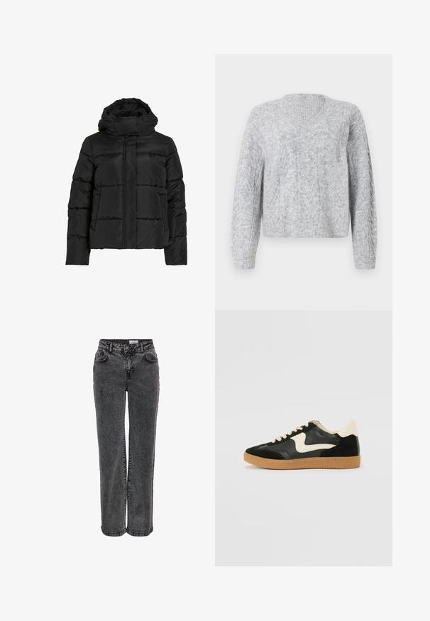 Sort dunjakke med høj krave, vandret quiltet mønster og lynlås foran. Har lommer og en let cropped pasform.; Grå strikket sweater med v-hals, der har et tekstureret mønster og ribbede manchetter. Løse lange ærmer og cropped længde. Blødt materiale.; Sorte denimjeans med lige ben, der har forlommer, bæltestropper og en subtil, falmet tekstur.; Sorte ruskinds- og lædersneakers med en cremefarvet side-swoosh og lys cremefarvet hæl. Har beige snørebånd og en gummirubber-sål.