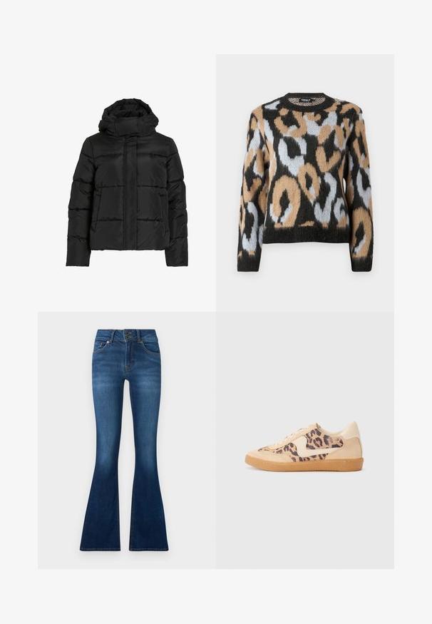 Sort dunjakke med høj krave, vandret quiltet mønster og lynlås foran. Har lommer og en let cropped pasform.; Sweater med leopardmønster, rund halsudskæring, lange ærmer og en blanding af sorte, brune og lyseblå farver med struktureret strikstof.; (Udvidede) jeans lavet af mørkeblå denim. Har to-knaps lukning, fem lommer og falmede detaljer på benene. Standard talje design.; Leopardprint sneakers med beige ruskindsoverdel, tan gummisål og hvide detaljer. Rund pegefinger og snørebåndsdesign med en tekstureret finish.