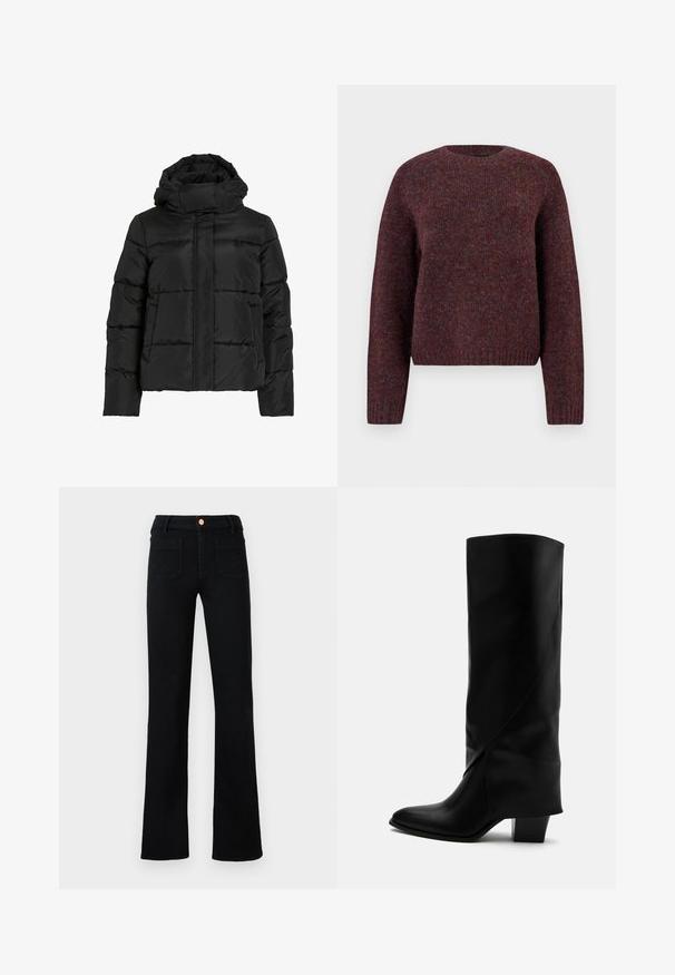 Sort dunjakke med høj krave, vandret quiltet mønster og lynlås foran. Har lommer og en let cropped pasform.; Bordeaux striktrøje med rund halsudskæring, lange ærmer og ribbet bund. Blød tekstur med subtile farvevariationer for ekstra dybde.; Sorte højtaljede lige ben jeans med frontlomme og kobberknaplukning på en neutral baggrund.; Høj sort læderstøvle med skråt syning, spids tå og kraftig mellemhøj hæl på hvid baggrund.