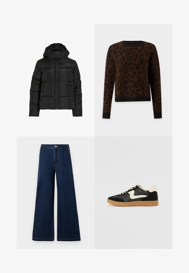 Sort dunjakke med høj krave, vandret quiltet mønster og lynlås foran. Har lommer og en let cropped pasform.; Brun langærmet sweater med sort leopardmønster, sorte ribtrådede manchetter og kant samt en sort ribstrikket rund hals.; Bredde denim jeans i mørkeblå med guld sting, der har en frontknap og lynlåslukning samt et klassisk fem-lomme design.; Sorte ruskinds- og lædersneakers med en cremefarvet side-swoosh og lys cremefarvet hæl. Har beige snørebånd og en gummirubber-sål.