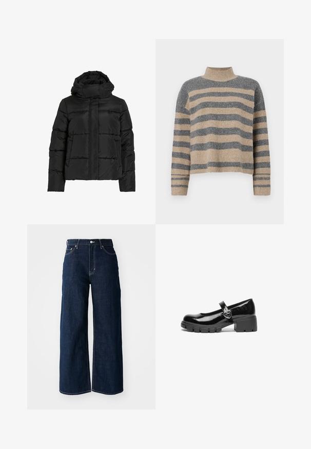 Veste matelassée noire avec col montant, motif matelassé horizontal et fermeture éclair frontale. Comprend des poches et un design légèrement raccourci.; Pull en maille rayé aux couleurs grises et beiges, col haut, manches large à poignet, coupe décontractée avec un design court.; Jeans en denim bleu foncé à jambes larges avec des coutures contrastées, un design à cinq poches et une fermeture à bouton à la taille.; Chaussure Mary Jane en cuir verni noir avec un talon épais, un bout rond et une sangle ornée d'une boucle en forme de cœur.