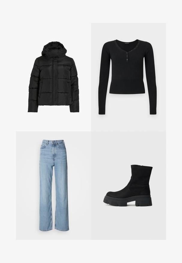 Schwarze Steppjacke mit hohem Kragen, horizontaler Steppmusterung und vorderem Reißverschluss. Mit Taschen und leicht verkürztem Schnitt.; Schwarzes, geripptes, langärmeliges Strickoberteil mit Rundhalsausschnitt und einer teilweisen Knopfleiste mit sechs Knöpfen auf der linken Seite.; Hellblaue hochgeschnittene Jeans mit geradem Bein, aus Denim gefertigt, mit einem Frontknopfverschluss und dezenten Verblassungen.; Schwarzer Wildleder-Stiefeletten mit einer klobigen schwarzen Gummisohle, abgerundeter Zehenpartie und minimalistischem Design. Verfügt über elastische Seitenteile für einfaches An- und Ausziehen.