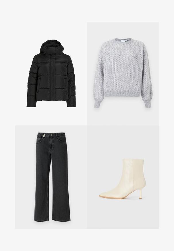 Schwarze Steppjacke mit hohem Kragen, horizontaler Steppmusterung und vorderem Reißverschluss. Mit Taschen und leicht verkürztem Schnitt.; Grauer gestrickter Pullover mit geometrischem Muster, rundem Halsausschnitt, gerippten Bündchen und Saum sowie einer leicht lockeren Passform.; Schwarze Denim-Jeans im weit geschnittenen Stil mit mittlerer Bundhöhe, zwei Vordertaschen und kontrastierenden Nähten auf einer glatten Stoffoberfläche.; Cremefarbene Knöchelstiefel mit spitzer Zehe und schlankem Mittelabsatz, glatte Textur, von der Außenseite auf weißem Hintergrund gezeigt.