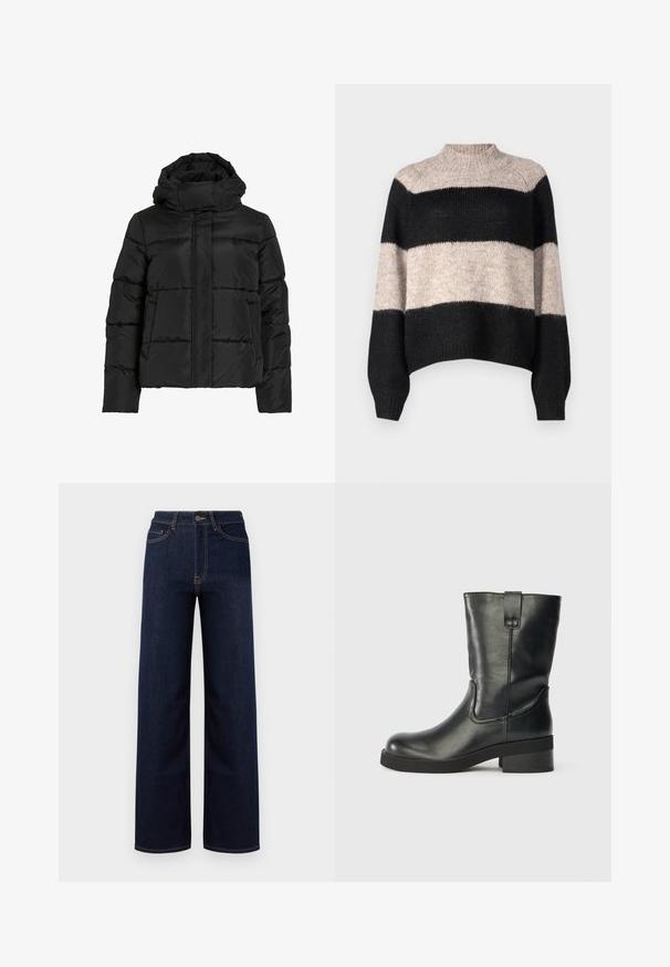 Schwarze Steppjacke mit hohem Kragen, horizontaler Steppmusterung und vorderem Reißverschluss. Mit Taschen und leicht verkürztem Schnitt.; Gestreifter Pullover mit hohem Kragen, der drei horizontale Streifen in Schwarz und Hellbeige aufweist. Hergestellt aus einem weichen, strukturierten Strickmaterial.; Dunkelblaue weit geschnittene Jeans aus Denim, mit hoher Taille, vier Taschen und kontrastierenden Nähten entlang der Nähte.; Schwarzer Lederstiefel bis zur Mitte der Wade mit einem niedrigen Blockabsatz, runder Zehenform und einem Zugriemen an der Seite vor einem schlichten Hintergrund.