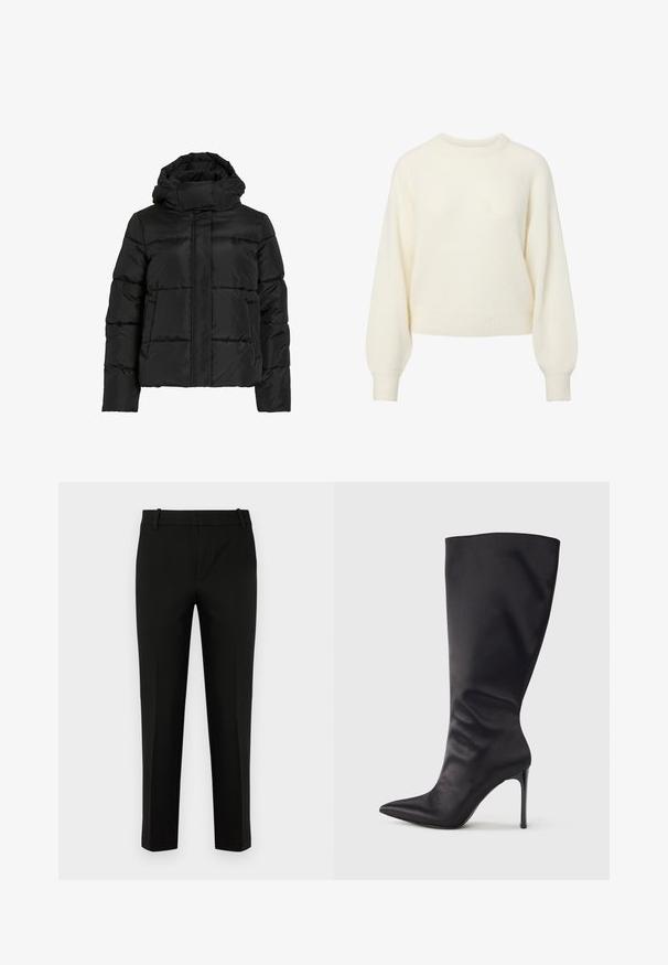 Sort dunjakke med høj krave, vandret quiltet mønster og lynlås foran. Har lommer og en let cropped pasform.; Cremefarvet langærmet striktrøje med ribbet rund hals, manchetter og kant.; Sort bukser med slim fit, der har flad front, sidelommer og en glat tekstur. Designet med mellemhøj talje og tapered ben.; Sort knæhøj stiletstøvle lavet af glat, glansfuldt materiale; spids tå; tætsiddende pasform med let samling nær anklen; skinnende hæl.