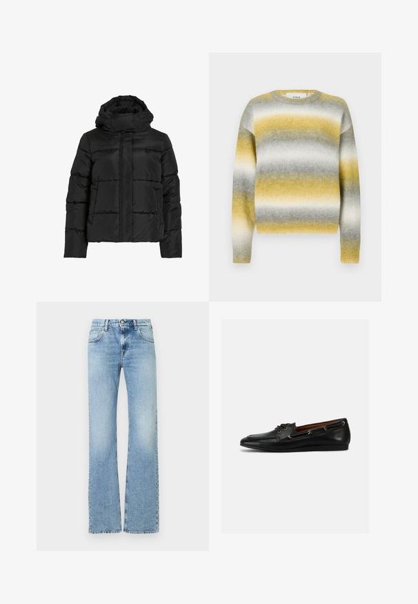 Sort dunjakke med høj krave, vandret quiltet mønster og lynlås foran. Har lommer og en let cropped pasform.; Strikket sweater med vandrette striber i gul, grå og hvid. Rund halsudskæring, ribbede ærmer og blødt, struktureret stof.; Lyseblå højtaljede denimjeans med let falmning, frontknap, lynlås lukning og fem-pocket design, lige ben pasform.; Sort læder bådsko med rundet tå, snøredesign og sølvfarvede snørehuller. Har en glat tekstur og lavprofil gummisål.