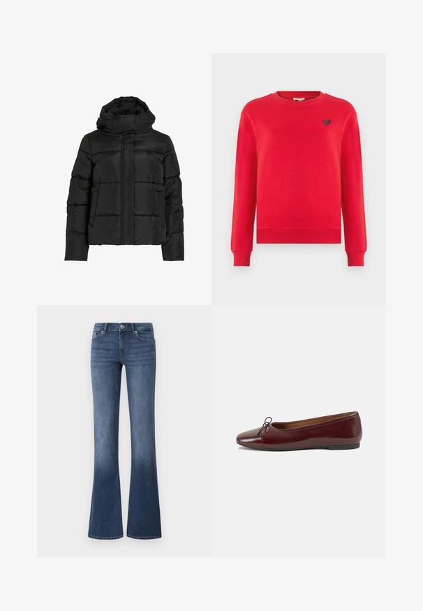 Sort dunjakke med høj krave, vandret quiltet mønster og lynlås foran. Har lommer og en let cropped pasform.; Rød sweatshirt med rund halsudskæring og lange ærmer. Har et lille hjerte-design på venstre bryst. Fremstillet af glat stof med ribbede manchetter.; Flared blå jeans lavet af denim, med en mellem vasket farve, fem lommer og en lynlås med knaplukning. Glat tekstur.; Bordeaux patentlæder balletflad med rund tå, lille sløjfeaccent foran og en lav, sort gummisål. Glat tekstur.