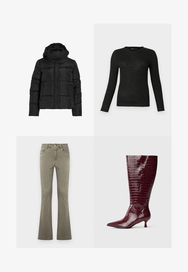 Sort dunjakke med høj krave, vandret quiltet mønster og lynlås foran. Har lommer og en let cropped pasform.; Sort langærmet crew neck tætsiddende sweater med glat tekstur, præsenteret på en ensfarvet lys grå baggrund.; Olivenfarvede jeans med lige ben, for-trykknapslukning, bæltestropper og femlommesdesign, vist på en ensfarvet baggrund.; Bordeauxfarvede knælange støvler i laklæder med krokodilletekstur, spids tå og lav blokhæl, med en slank, tætsiddende pasform.