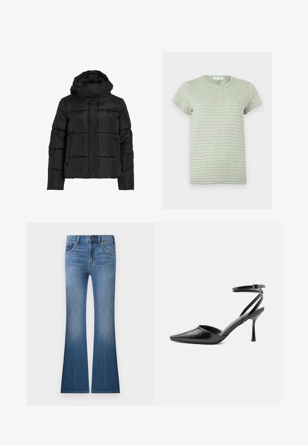 Schwarze Steppjacke mit hohem Kragen, horizontaler Steppmusterung und vorderem Reißverschluss. Mit Taschen und leicht verkürztem Schnitt.; Hellgrünes kurzärmeliges T-Shirt mit dünnen weißen und braunen horizontalen Streifen und rundem Halsausschnitt.; Blaue Jeans aus Denim mit hoher Taille, Fronttaschen, Knopf- und Reißverschluss sowie ausgestellten Beinen.; Schwarzer spitzer High Heel mit dünnen Knöchelriemen und silberner Schnalle auf einfachem hellem Hintergrund.