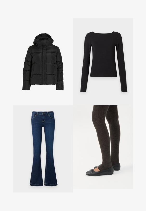 Sort dunjakke med høj krave, vandret quiltet mønster og lynlås foran. Har lommer og en let cropped pasform.; Sort langærmet skjorte med firkantet halsudskæring. Lavet af et blødt, glat stof, med en tætsiddende pasform og minimale syninger.; Udsvingede mørkeblå jeans lavet af denim, med forlommer og gule stikninger langs sømmene. Standard talje og lynlås.; Ben iført mørke ribbede leggings kombineret med sorte balletsko med små sløjfedetaljer på hvid baggrund.