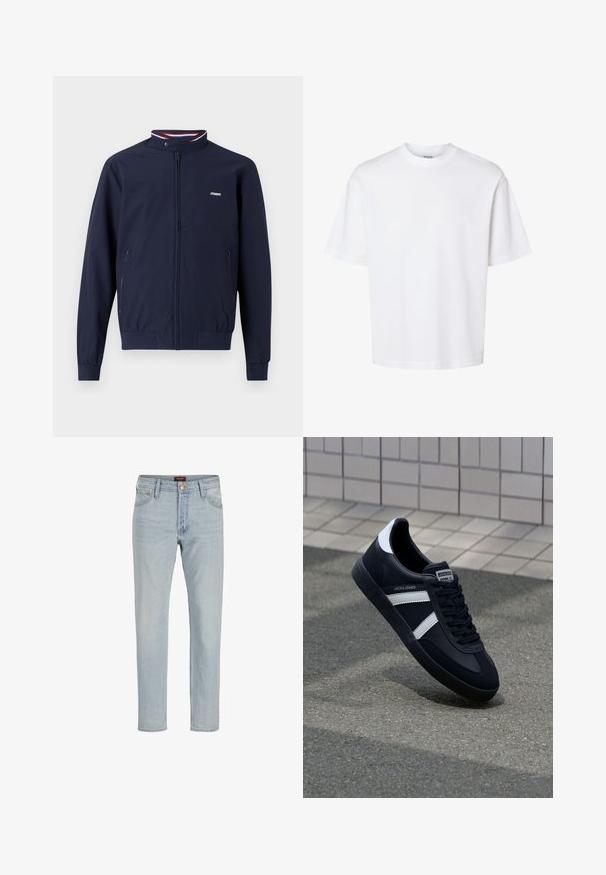 Marineblauwe lichtgewicht ritsjack met een hoge kraag, elastische manchet, twee zijzakken en contrasterende rode en blauwe gestreepte accenten.; Effen wit T-shirt met korte mouwen en ronde hals met een ontspannen pasvorm, afgebeeld op een effen achtergrond.; Lichtblauwe denim jeans met een rechte snit, vijf zakken, knoopsluiting en een licht vervaagde textuur.; Zwarte leren sneaker met witte strepen, een gestructureerde rubberen zool en vetersluiting aan de voorkant. Voorzien van een merklabel op de tong.