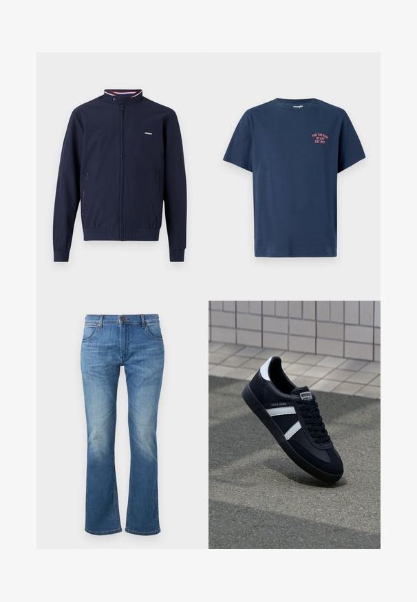 Chaqueta ligera de color azul marino con cierre de cremallera y cuello alto, puños elásticos, dos bolsillos laterales y acentos a rayas en rojo y azul contrastantes.; Camiseta de algodón azul marino con cuello redondo, mangas cortas y un pequeño gráfico rojo en el lado izquierdo del pecho que dice "POR EL VIAJE DE LA VIDA EST. 1947."; Vaqueros de denim azul con pierna ligeramente acampanada, cierre frontal de botones y cremallera, y desgaste en muslos y rodillas.; Zapatilla de cuero negra con rayas blancas, suela de goma texturizada y parte frontal con cordones. Cuenta con una etiqueta de marca en la lengüeta.