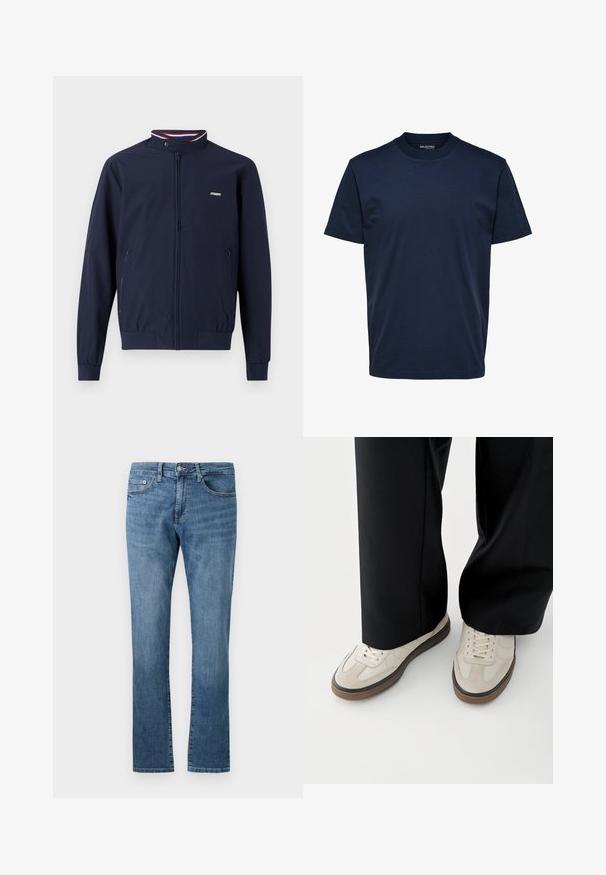 Veste légère zippée bleu marine avec col montant, poignets élastiques, deux poches latérales, et accents rayés rouges et bleus.; T-shirt homme uni bleu foncé à manches courtes et col rond, coupe régulière, sans motifs ni logos visibles.; Jean en denim bleu coupe droite avec un design classique à cinq poches et une fermeture par bouton, présenté sur fond blanc.; Pieds portant des baskets beige avec des semelles marron et un pantalon noir à jambes larges sur fond blanc.