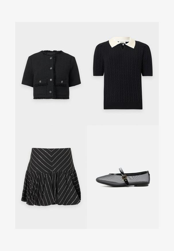 Sort kortermet cropped jakke med frynsekant, frontlommer og seks dekorative rhinstein-knapper.; Svart kortermet strikket topp med kabelmønster, med hvit spiss krage dekorert med perler og en liten frontåpning med knapp.; Svart miniskjørt med utsving, med sølvfargede diagonale striper og rynket søm under linningen for ekstra volum og tekstur.; Svart mesh Mary Jane flat sko med blank stropp og hjerteformet gullspenne, lav hæl og avrundet tå på ensfarget bakgrunn.
