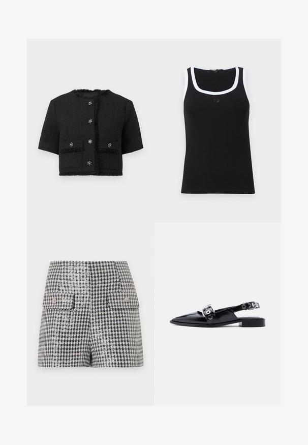 Sort kortermet cropped jakke med frynsekant, frontlommer og seks dekorative rhinstein-knapper.; Svart ribbestrikket singlet med hvit kant rundt halsen og armhulene, med et lite brodert hjerte-design midt på brystet.; Mini skjørt med sort-hvitt hundetannmønster, to fremre klafflommer og dekorative knapper.; Sort spissflat i lakkskinn med doble sølvsperrestraps og slingback-hæl på hvit bakgrunn.