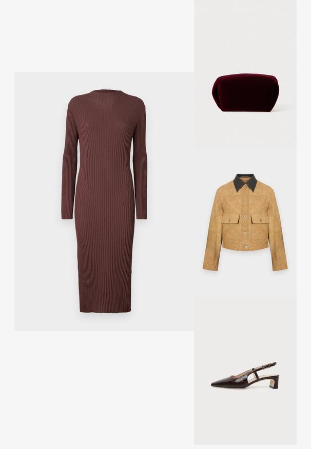 Tan læder cropped jakke med sort krave, som har to frontlommer og trykknaplukning. Glat tekstur med en mat finish.; Lang ribbet kjole i en dyb brun farve. Har en høj halsudskæring og lange ærmer med en tætsiddende silhuet. Teksturen er strikket.; Mørkebrune slingback sko i krokodillelæder med spids tå, lav blokhæl og justerbar rem med guldfarvet spænde.; Bordeaux velourspose med en rund form, tekstureret overflade og en diskret lynlåslukning øverst. Glat indvendigt.