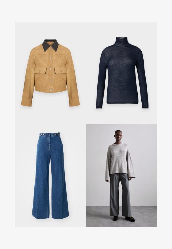Tan læder cropped jakke med sort krave, som har to frontlommer og trykknaplukning. Glat tekstur med en mat finish.; Marineblå rullekravebluse lavet af letvægtsstof, med lange ærmer og en tætsiddende silhuet. Glat tekstur med minimal detaljering.; Bredde jeans i mørkeblå denim med høj talje, prydet med guldknapdetaljer og syning langs lommer og sømme.; Grå strikket sweater med brede ærmer og ribbet kant, parret med høj-taljede grå bukser med et subtilt ternet mønster og sorte loafers.