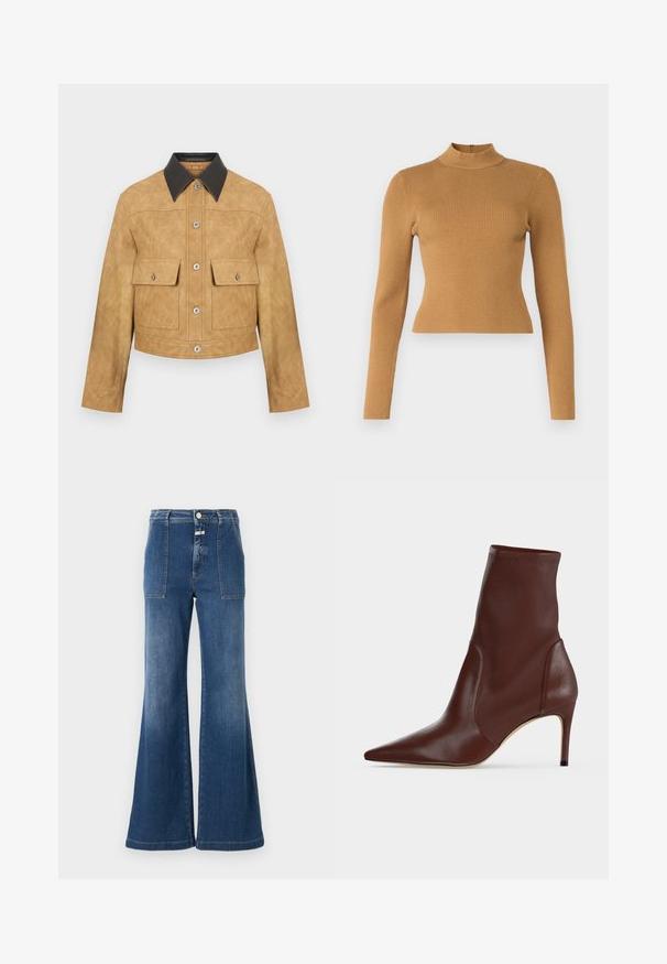 Chaqueta corta de cuero color tan con cuello negro, que presenta dos bolsillos frontales y cierre de botones a presión. Textura suave con un acabado mate.; Top de cuello alto acanalado en marrón cálido. Presenta mangas largas, un diseño ajustado y un pequeño cierre en la parte posterior. Textura suave.; Jeans acampanados de tiro alto en denim azul medio con un acabado desgastado. Cuenta con bolsillos de parche y cierre de botón. Dobladillo limpio.; Bota de cuero marrón oscuro hasta el tobillo con punta afilada y tacón alto y delgado sobre un fondo claro y liso.