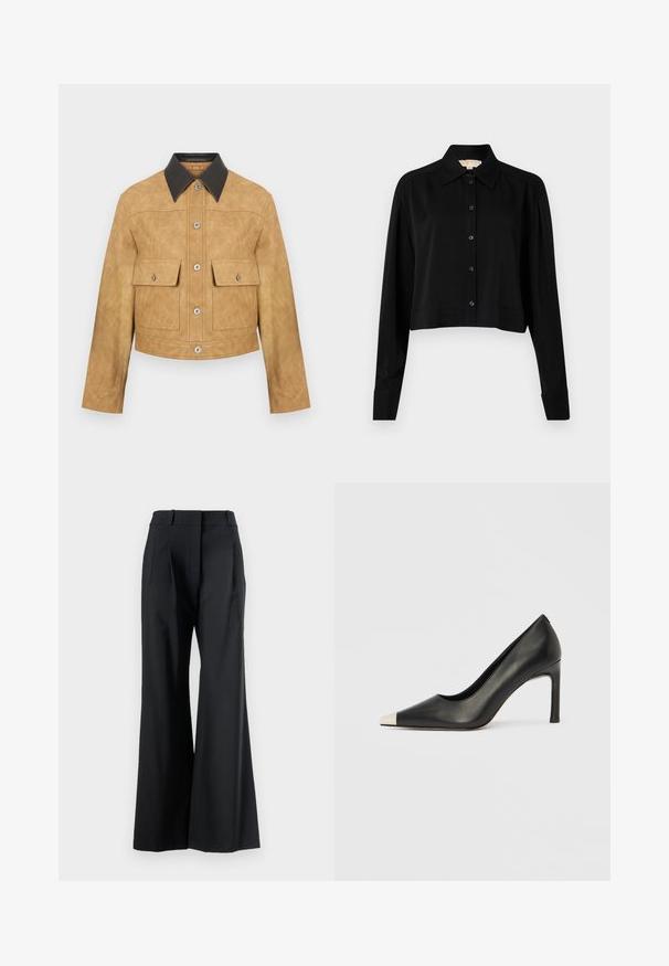 Karamelgekleurde leren cropped jack met een zwarte kraag, voorzien van twee voorzakken en een drukknoopsluiting. Gladde textuur met een matte afwerking.; Zwarte cropped shirt met lange mouwen, een spitse kraag en een knoopsluiting aan de voorkant. Gemaakt van soepele stof met een ontspannen pasvorm en manchet-mouwen.; Veronica Beard OLLIE PANT - Broek - black; Zwarte leren hoge hak met een spits toelopende neus en een metalen zilverkleurige kap. Heeft een gladde afwerking en een slanke hak van 10 cm.
