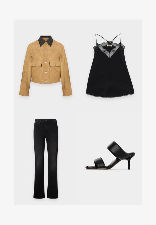 Karamelgekleurde leren cropped jack met een zwarte kraag, voorzien van twee voorzakken en een drukknoopsluiting. Gladde textuur met een matte afwerking.; Zwarte camisole met verstelbare bandjes, met een kanten V-hals en golvende randen. Gladde stof met een lichte glans.; Zwarte spijkerbroek met flared pijpen, vijf zakken, een knoopsluiting aan de voorkant en een gladde textuur. Heeft een klassieke pasvorm en gelijkmatige stiksels.; Zwarte leren mule sandaal met twee brede banden en een slanke, middelhoog stilettohak op een effen lichte achtergrond.