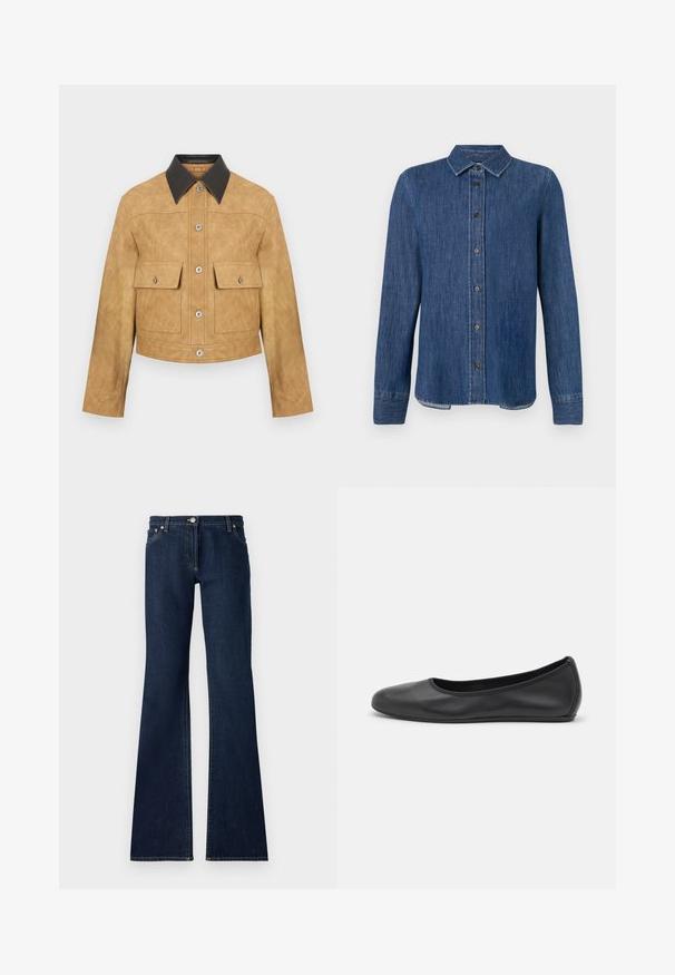 Karamelgekleurde leren cropped jack met een zwarte kraag, voorzien van twee voorzakken en een drukknoopsluiting. Gladde textuur met een matte afwerking.; Donkerblauw denim overhemd met lange mouwen, knoopsluiting aan de voorkant, klassieke kraag en zichtbare stiksels. Heeft een rechte zoom met een lichte kromming aan de zijkanten.; Donkerblauwe uitlopende jeans gemaakt van denim, met een vijf-vakken ontwerp, riemlussen en contrasterende gele stiksels langs de naden.; Zwarte leren ballerina met een ronde neus, gladde textuur, minimale stikdetails en een flexibele zoolontwerp.