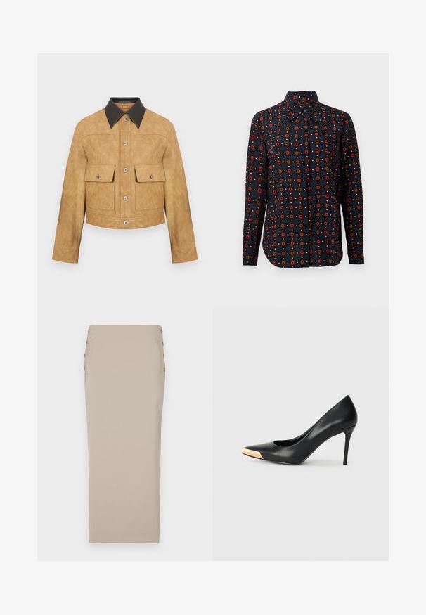 Chaqueta corta de cuero color tan con cuello negro, que presenta dos bolsillos frontales y cierre de botones a presión. Textura suave con un acabado mate.; Camisa de manga larga hecha de tela con un fondo negro, que presenta un patrón floral repetitivo en tonos rojos, azules y marrones. Cuello puntiagudo.; Falda lápiz beige hecha de una tela suave, con botones laterales, una silueta estilizada y sin bolsillos ni patrones visibles.; Zapato de tacón alto de cuero negro con puntera afilada; presenta un detalle metálico dorado en la tapa del tacón. Superficie lisa con un diseño elegante.