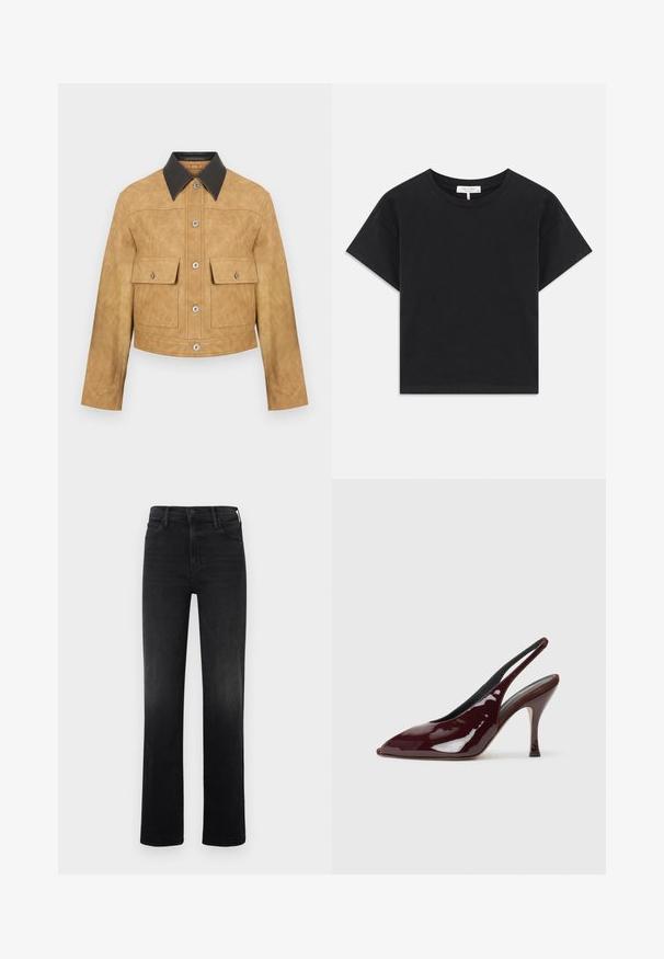 Karamelgekleurde leren cropped jack met een zwarte kraag, voorzien van twee voorzakken en een drukknoopsluiting. Gladde textuur met een matte afwerking.; Zwarte cropped t-shirt van katoen, met een ronde halslijn, korte mouwen en een eenvoudig ontwerp zonder patronen of versieringen.; Zwarte rechtgesneden jeans van denim. Bevat een klassieke vijf-pocket stijl, met een rits en een knoopsluiting. Gladde textuur.; NEOUS HAMAL - Hoge hakken - dark chocolate