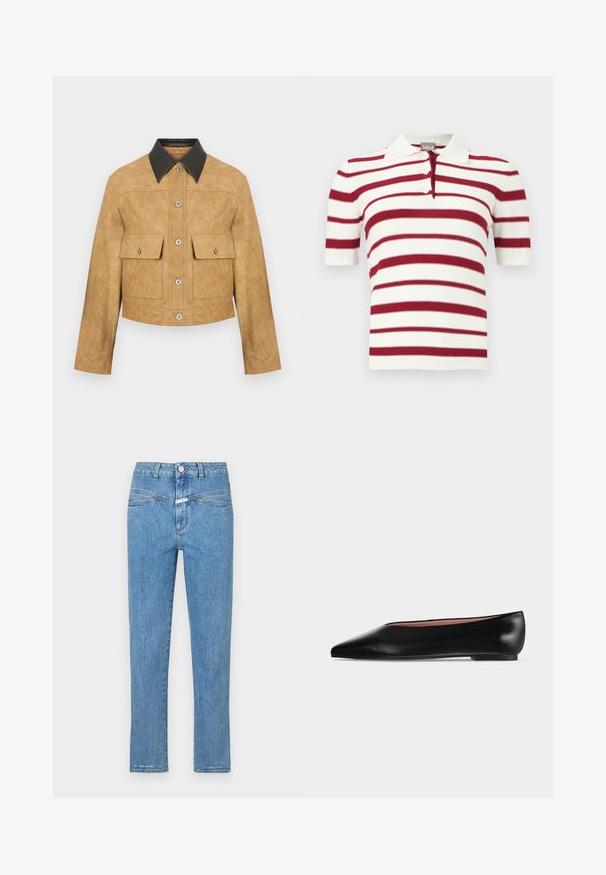 Chaqueta corta de cuero color tan con cuello negro, que presenta dos bolsillos frontales y cierre de botones a presión. Textura suave con un acabado mate.; Polo de punto de manga corta con rayas horizontales en blanco y rojo oscuro y cuello con tapeta de dos botones.; Vaqueros de mezclilla azul claro con un diseño de pierna recta, cinco bolsillos y cierre de botón. Presentan una textura ligeramente deslavada y una costura mínima.; Zapato plano negro de cuero para mujer con punta puntiaguda y tacón bajo, mostrado de lado sobre un fondo liso gris claro.