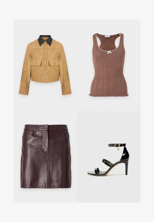 Tan læder cropped jakke med sort krave, som har to frontlommer og trykknaplukning. Glat tekstur med en mat finish.; Brun ribbet tanktop med hvid kant og en lille sløjfe i midten. Har et tætsiddende design og en bølget kant.; Bordeauxrød mininederdel i læder med glat struktur, forlommer og bæltestropper. Har rene linjer og et enkelt design.; Sorte patenterede lædersandaler med tre stropper, ankelspænde og 10 cm stiletthæl. Har detaljer i guld og et logo charms.