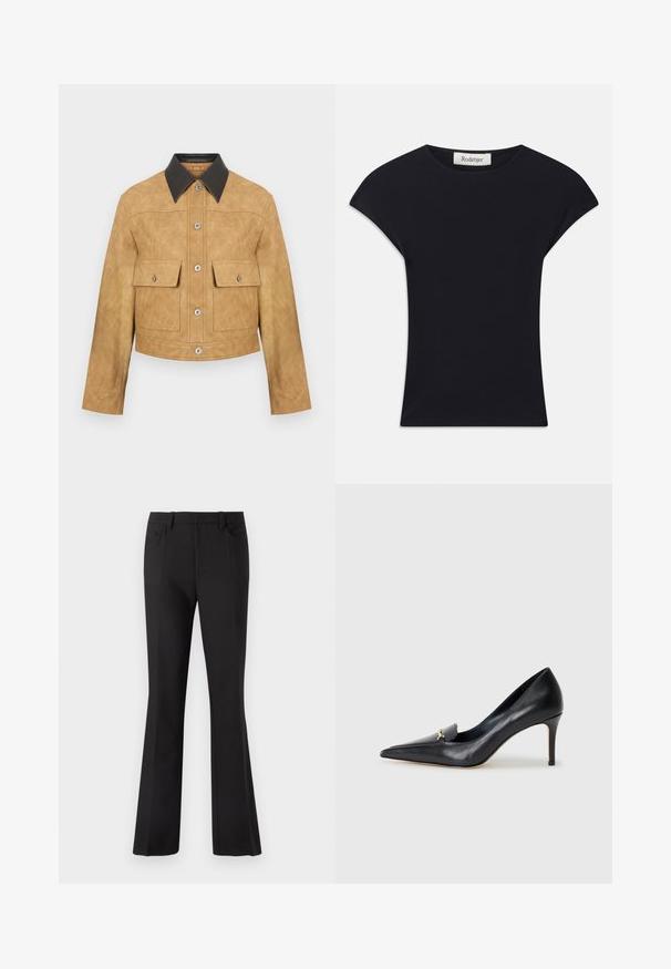 Chaqueta corta de cuero color tan con cuello negro, que presenta dos bolsillos frontales y cierre de botones a presión. Textura suave con un acabado mate.; Top negro de manga corta hecho de una tela suave, con un escote redondeado y una forma ajustada con sutiles acentos en los hombros. Etiqueta visible.; Pantalones acampanados negros hechos de una tela suave, con una cintura ajustada, dos bolsillos frontales y una silueta limpia y estilizada.; Zapato de piel negra con punta afilada, escote bajo y un detalle decorativo dorado. Cuenta con un tacón de aguja y textura suave.