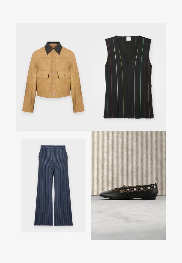 Tan læder cropped jakke med sort krave, som har to frontlommer og trykknaplukning. Glat tekstur med en mat finish.; Sort ærmeløs top med V-hals, med lodrette striber i rød, hvid, blå, gul, grøn og brun; ribbet struktur.; Marineblå bukser med vide ben, hvide lodrette nålestriber, en linning, forlygtslukning og sidelommer.; Sort lædersko med flad sål, geometriske udskæringer og to små guldspænder, placeret over en beige tæppe og tæt på et brunt rundt bord.