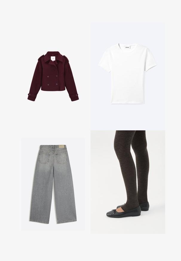 Bordeaux gekruist jasje gemaakt van zacht materiaal met schouderepauletten en grote knopen. Kort ontwerp met lange mouwen.; Effen wit T-shirt met korte mouwen en ronde hals met een klein "WEEKDAY" label aan de binnenkant van de hals, plat neergelegd op een lichte achtergrond.; Grijze wijde denim jeans met achterkant met twee zakken en riemlussen plat op een witte achtergrond gelegd.; Benen met donkere geribbelde leggings gecombineerd met zwarte ballerina's met kleine strikdetails op een witte achtergrond.