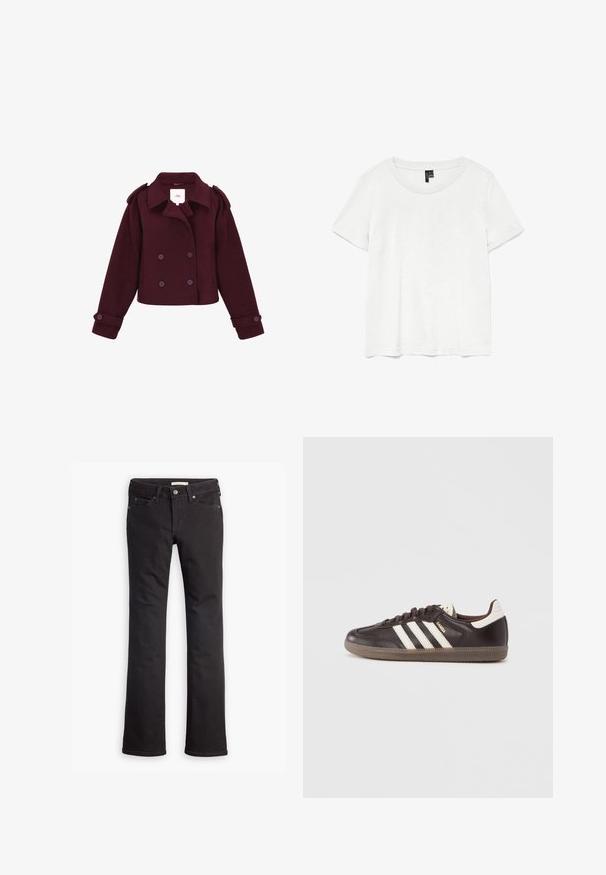 Veste bordeaux à double boutonnage en tissu doux, dotée d'épaulières et de grands boutons. Design court avec des manches longues.; T-shirt blanc à manches courtes avec un col rond, fabriqué en tissu léger. Design simple, texture lisse et ourlet droit.; Jean noir en denim, avec une coupe droite, taille standard, cinq poches et des détails de couture subtils.; Baskets en cuir marron foncé avec un design à trois bandes blanches, une semelle en caoutchouc et l'inscription "Samba" en lettres dorées sur le côté. Forme classique basse.