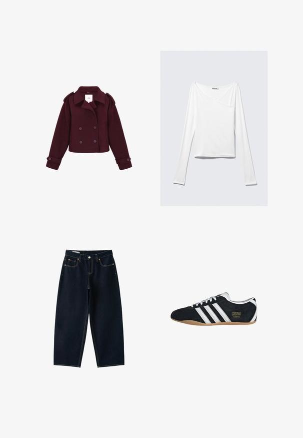 Veste bordeaux à double boutonnage en tissu doux, dotée d'épaulières et de grands boutons. Design court avec des manches longues.; Haut blanc à manches longues avec un design croisé et une poche. Fabriqué dans un tissu lisse et extensible. Coupé dans une coupe décontractée et ample.; Jean bleu foncé à jambes larges avec cinq poches, fermeture par bouton et coutures contrastées sur fond blanc.; Sneakers en suede noir avec trois bandes blanches, logo doré et semelle en caoutchouc marron. Présente un design à lacets à profil bas.