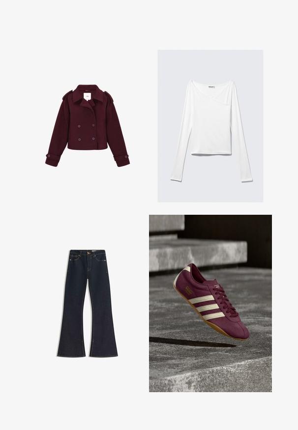 Bordeaux-farbene doppelt-knöpfte Jacke aus weichem Stoff mit Schulterklappen und großen Knöpfen. Kurz geschnittenes Design mit langen Ärmeln.; Weißes Langarmoberteil mit einem Überlappungsdesign und einer Tasche. Hergestellt aus einem glatten, elastischen Material. In einem lässigen, entspannten Schnitt.; Dunkle Denim-Flared-Jeans mit hoher Taille, kontrastierender Naht, Knopfverschluss und vier Taschen. Die Hosenbeine werden zum Saum hin weiter.; Lila Adidas Tokyo Sneaker mit weißen Streifen und Gummisohle scheint bei sanfter Beleuchtung über Betonstufen zu schweben.