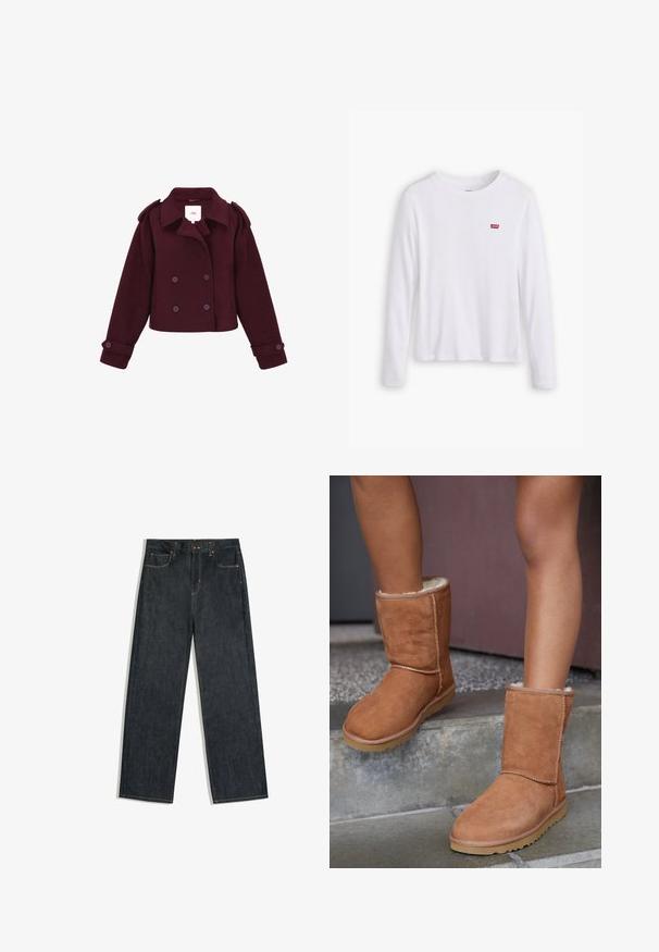 Bordeaux-farbene doppelt-knöpfte Jacke aus weichem Stoff mit Schulterklappen und großen Knöpfen. Kurz geschnittenes Design mit langen Ärmeln.; Weißes Langarmhemd aus weicher Baumwolle. Mit kleinem rotem Levi's-Logo auf der linken Brust. Klassisches Rundhals-Design.; Straight-leg dunkle blaue Denim-Jeans mit fünf Taschen und sichtbaren Nähten, flach auf weißem Hintergrund ausgelegt.; Braune Wildleder-Stiefeletten mit runder Spitze, weicher Innenausstattung und Gummisohle, die über sichtbare Nähte entlang der Nähte verfügen.