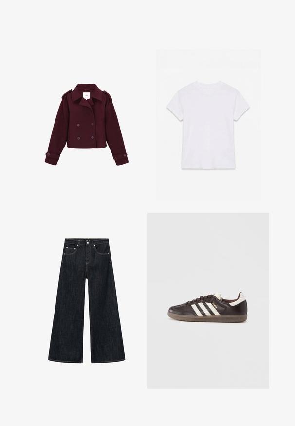 Bordeaux dobbeltknappet jakke lavet af blødt stof med skulderlapper og store knapper. Korte design med lange ærmer.; Hvid kortærmet t-shirt i bomuld med rund hals, lagt fladt på en hvid baggrund.; Bredde jeans i mørk denim med høj talje, der har to forlommer, en knaplukning og kontrastsyning.; Mørkebrune lædersneakers med hvidt tre-stribet design, en gummisål og "Samba" i gyldne bogstaver på siden. Klassisk lavtopform.