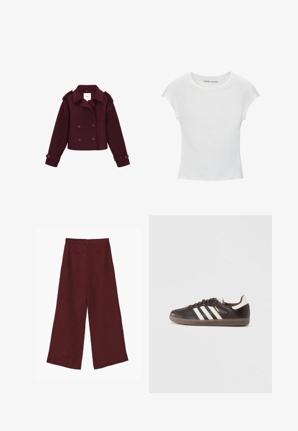 Bordeaux-farbene doppelt-knöpfte Jacke aus weichem Stoff mit Schulterklappen und großen Knöpfen. Kurz geschnittenes Design mit langen Ärmeln.; Weißes Baumwoll-T-Shirt mit kurzen, aufgerollten Ärmeln, rundem Ausschnitt und geradem Saum. Glatte Textur ohne sichtbare Muster oder Akzente.; Weit geschnittene Hose in tiefem Burgunderrot mit hoher Taille und zwei hinteren Paspeltaschen, flach auf weißem Hintergrund dargestellt.; Dunkelbraune Ledersneaker mit weißem Drei-Streifen-Design, einer Gummisohle und dem Schriftzug "Samba" in goldener Schrift an der Seite. Klassische, niedrige Form.