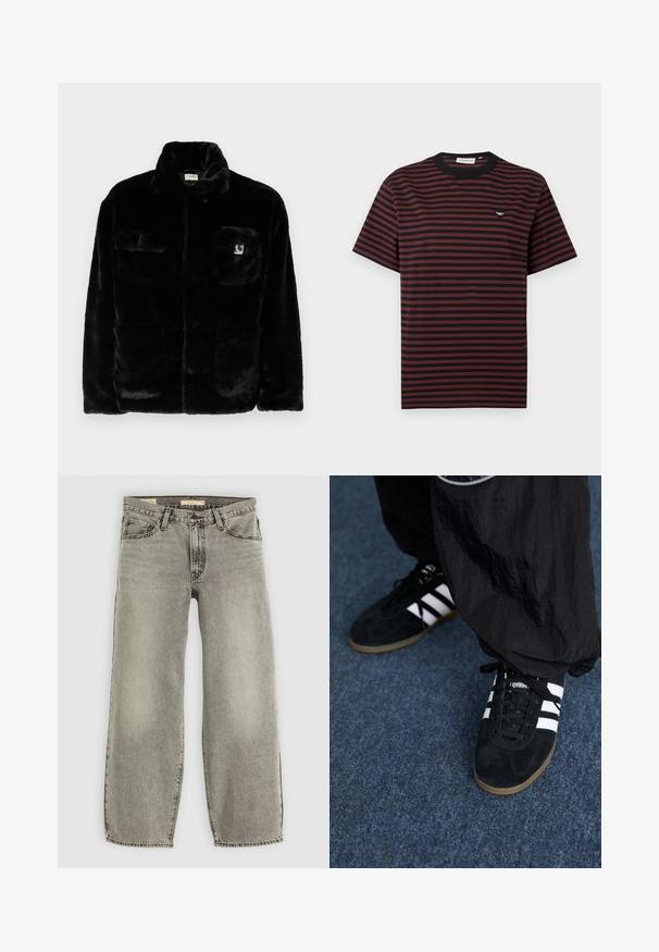 Veste en fausse fourrure noire avec un col, deux poches avant et un petit patch logo sur le côté supérieur gauche. Texture douce et coupe décontractée.; T-shirt manches courtes à col rond avec rayures horizontales noires et rouge foncé et un petit logo sur la poitrine gauche.; Jean large en denim gris clair. Il présente un style traditionnel à cinq poches et un léger délavage sur l'ensemble du tissu.; Des chaussures de sport en suède noir avec trois rayures blanches et des lacets noirs. Un pantalon noir texturé est partiellement visible à côté des chaussures.