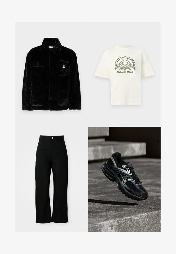 Veste en fausse fourrure noire avec un col, deux poches avant et un petit patch logo sur le côté supérieur gauche. Texture douce et coupe décontractée.; T-shirt blanc à manches courtes avec texte vert olive « Dickies Workwear Quality Made » et motif de deux éperons et fleurs sur le devant.; Pantalons noirs taille haute, coupe droite avec poches avant, passants de ceinture et fermeture à bouton argenté sur un fond blanc.; Chaussure de running Nike noire et argent flottant au-dessus de marches en béton, montrant un design détaillé et une semelle texturée en extérieur.