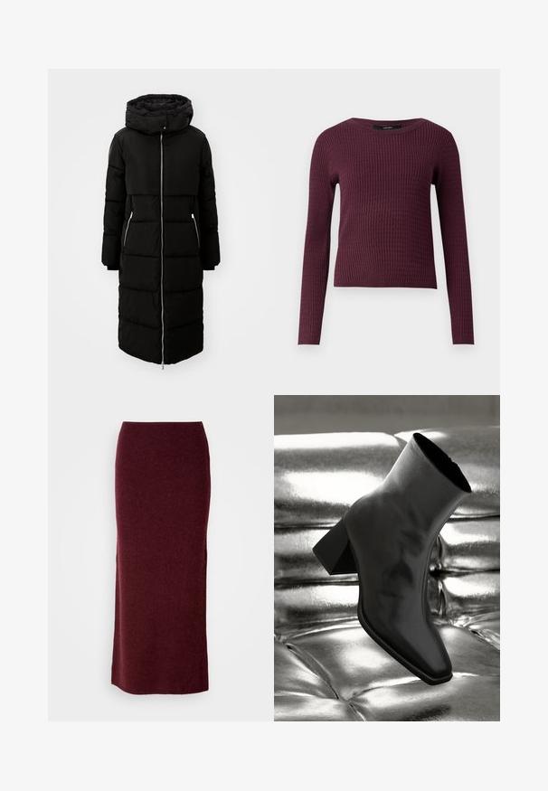 Schwarze Daunenjacke mit Kapuze, knielang, mit Reißverschluss vorne, zwei Seitentaschen und gestepptem Design. Inklusive verstellbaren Kordeln für die Kapuze.; Langärmliger Pullover in dunklem Burgunderrot mit strukturiertem Rippenmuster, rundem Ausschnitt und figurschmeichelndem Design. Leichter Strickstoff.; Burgunderfarbene, wollläufige Maxiskirt mit einer taillierten Silhouette, glatter Textur und geradem Saum. Keine sichtbaren Verschlüsse oder Verzierungen.; Schwarzer Knöchelstiefel aus glänzendem Material mit quadratischer Zehenform und verjüngtem Absatz, vor einem glänzenden silbernen gepolsterten Hintergrund.