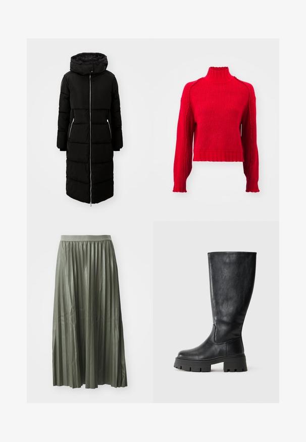 Sort pufferjakke med hætte, knælang, med lynlås foran, to sidelommer og quiltet tekstur. Inkluderer justerbare snore til hætten.; Vero Moda VMMARIE HIGHNECK - Striktrøje - salsa; Plisseret midi-nederdel i dæmpet grøn, lavet af glat stof. Har en elastisk talje og falder til midt på læggen med jævnt fordelte lodrette plisseringer.; Sorte knæhøje støvler i glat læder med en tyk, tekstureret sål og diskrete syninger langs den ydre side.