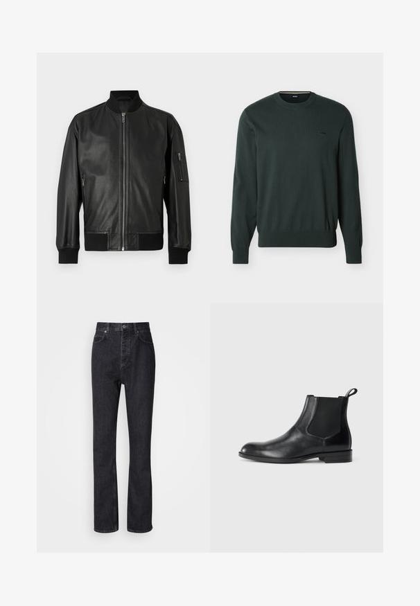 Veste aviateur en cuir noir avec fermeture éclair à l'avant, col côtelé, poignets, ourlet et poche zippée sur la manche gauche.; Pull vert foncé à manches longues avec col rond, poignets et ourlet côtelés, petit logo "BOSS" noir brodé sur la poitrine gauche.; Jean en denim noir taille haute avec fermeture à bouton et à glissière, poches avant et arrière, et coupe droite.; Bottine en cuir noir avec des panneaux latéraux élastiques, bout rond et tirette. Texture lisse, semelle plate, design minimaliste.